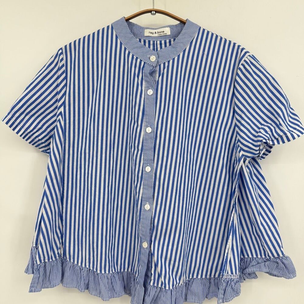 Rag & Bone Blue White Striped Ruffle Hem Button Front Blouse Women’s M